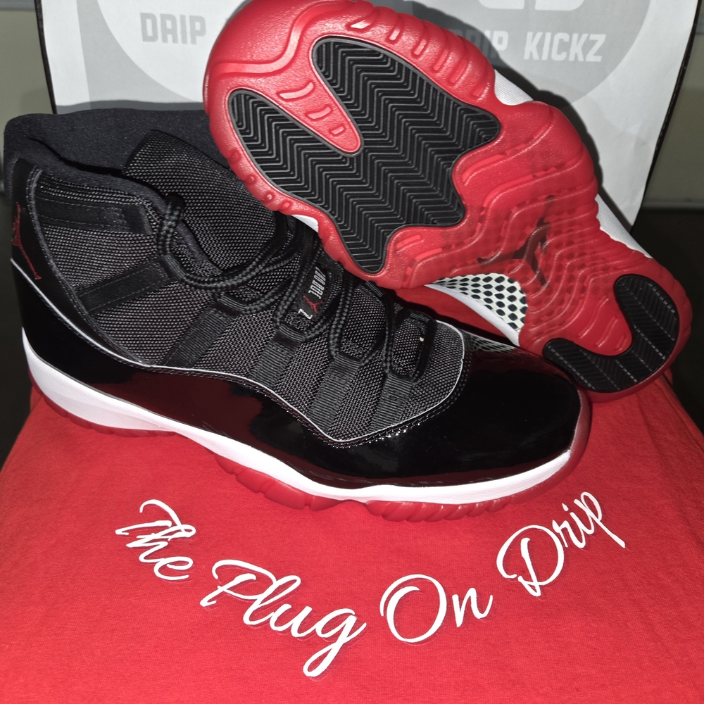 Jordan 11 Retro Playoffs Bred Black and Red High-Top Sneakers